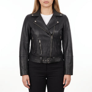 Valentina Women’s Black Belted Leather Biker Jacket