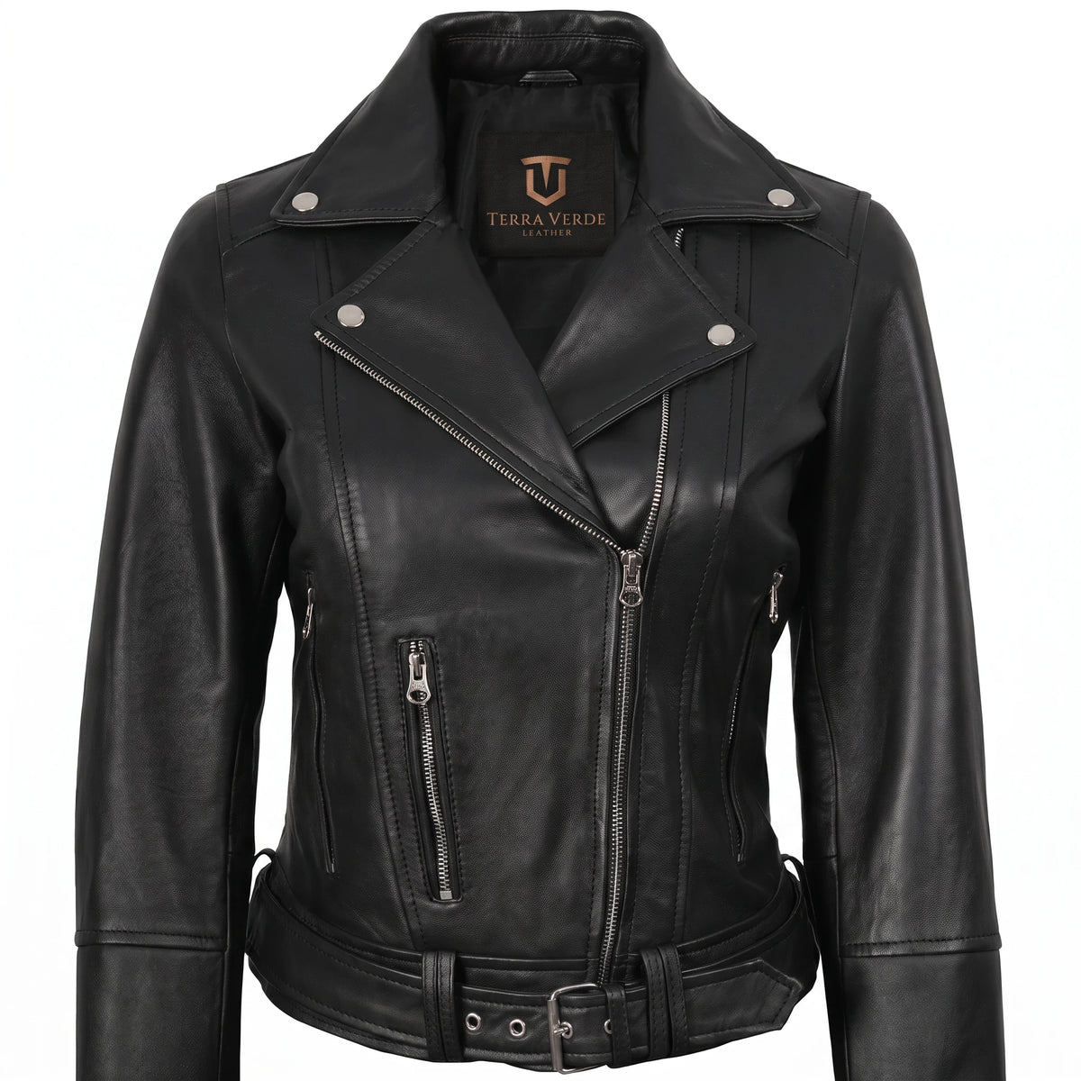 Valentina Women’s Black Belted Leather Biker Jacket