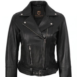 Valentina Women’s Black Belted Leather Biker Jacket