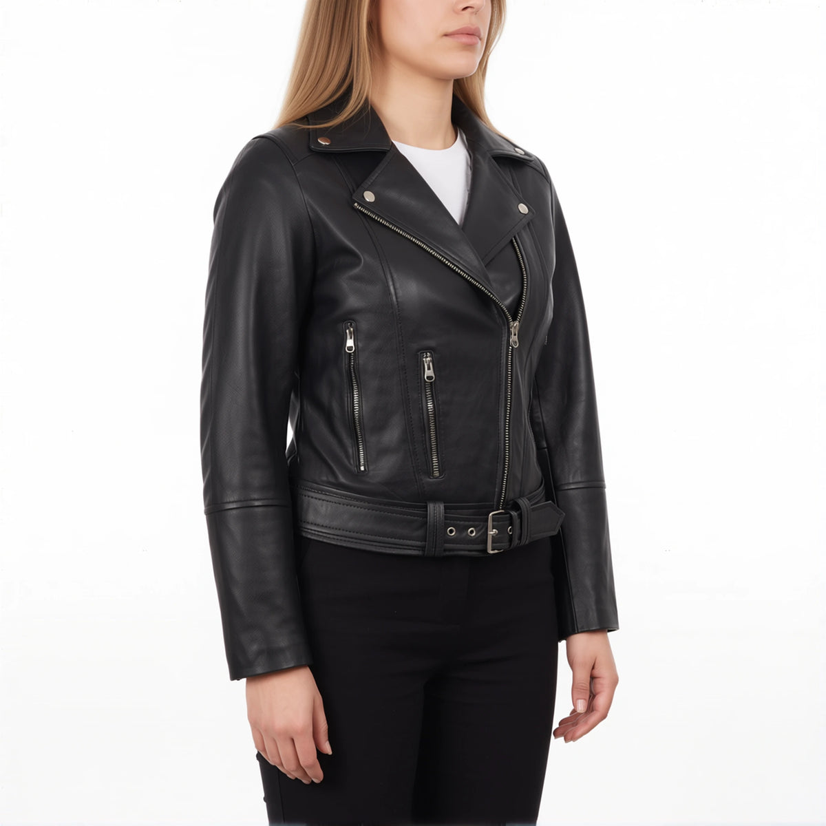 Valentina Women’s Black Belted Leather Biker Jacket
