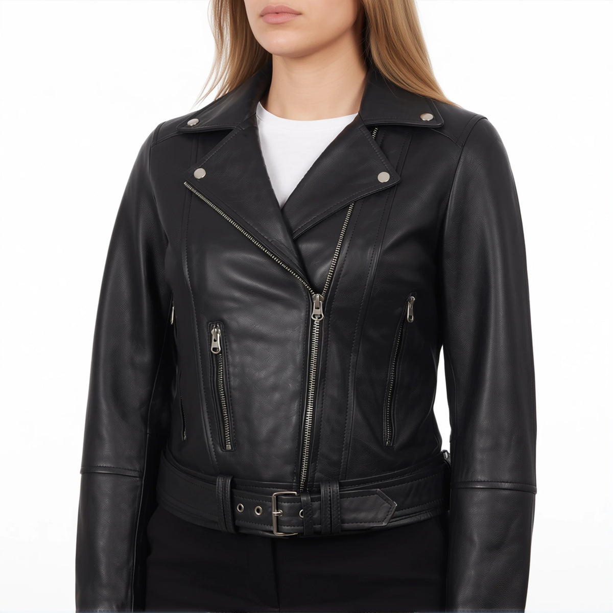 Valentina Women’s Black Belted Leather Biker Jacket