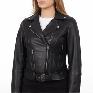 Valentina Women’s Black Belted Leather Biker Jacket