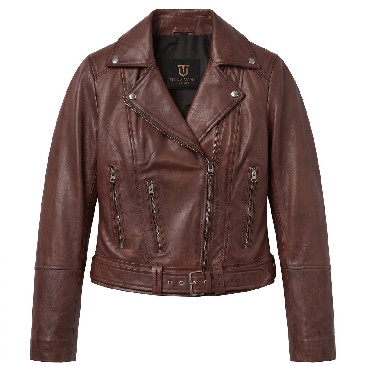Valentina Women’s Cognac Brown Belted Leather Biker Jacket