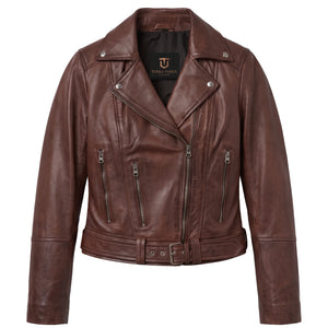 Valentina Women’s Cognac Brown Belted Leather Biker Jacket