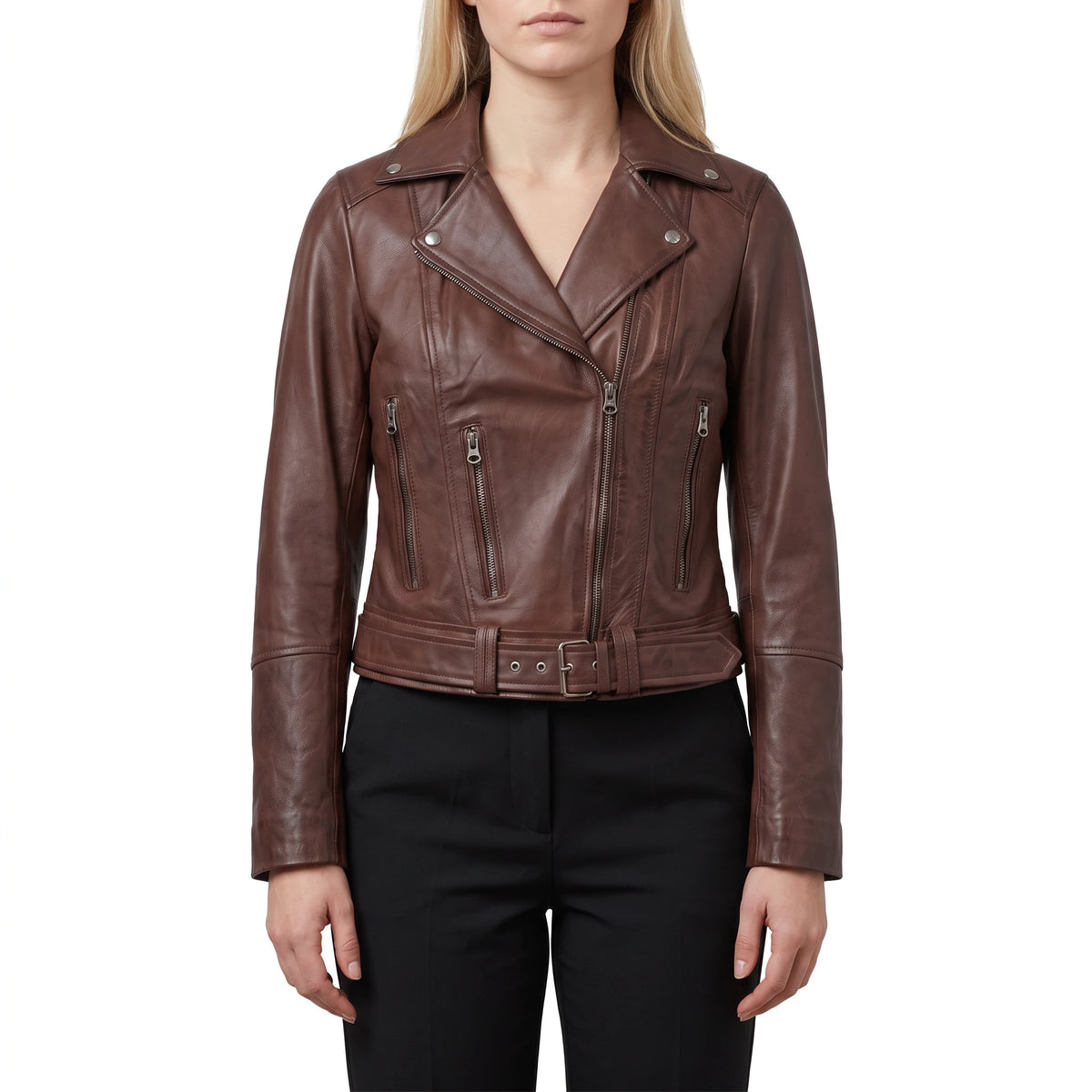 Valentina Women’s Cognac Brown Belted Leather Biker Jacket