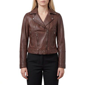 Valentina Women’s Cognac Brown Belted Leather Biker Jacket