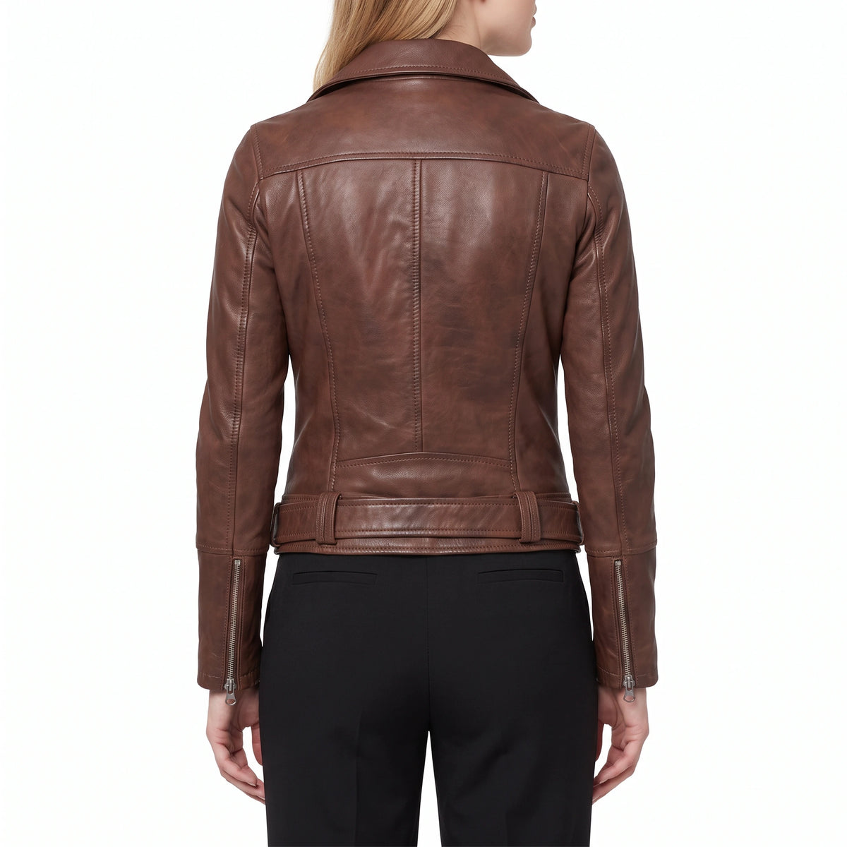 Valentina Women’s Cognac Brown Belted Leather Biker Jacket