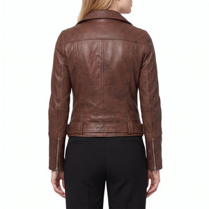 Valentina Women’s Cognac Brown Belted Leather Biker Jacket