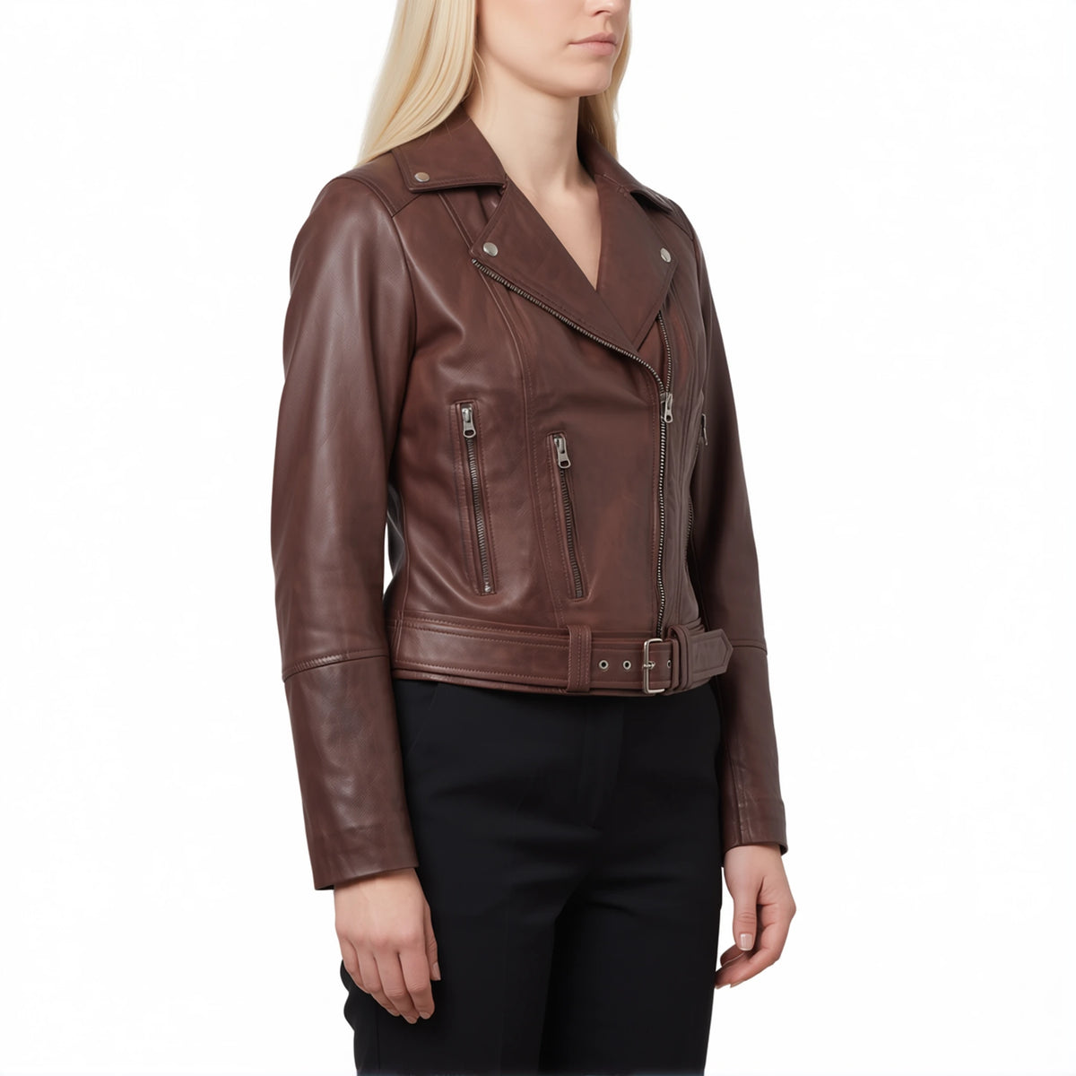 Valentina Women’s Cognac Brown Belted Leather Biker Jacket