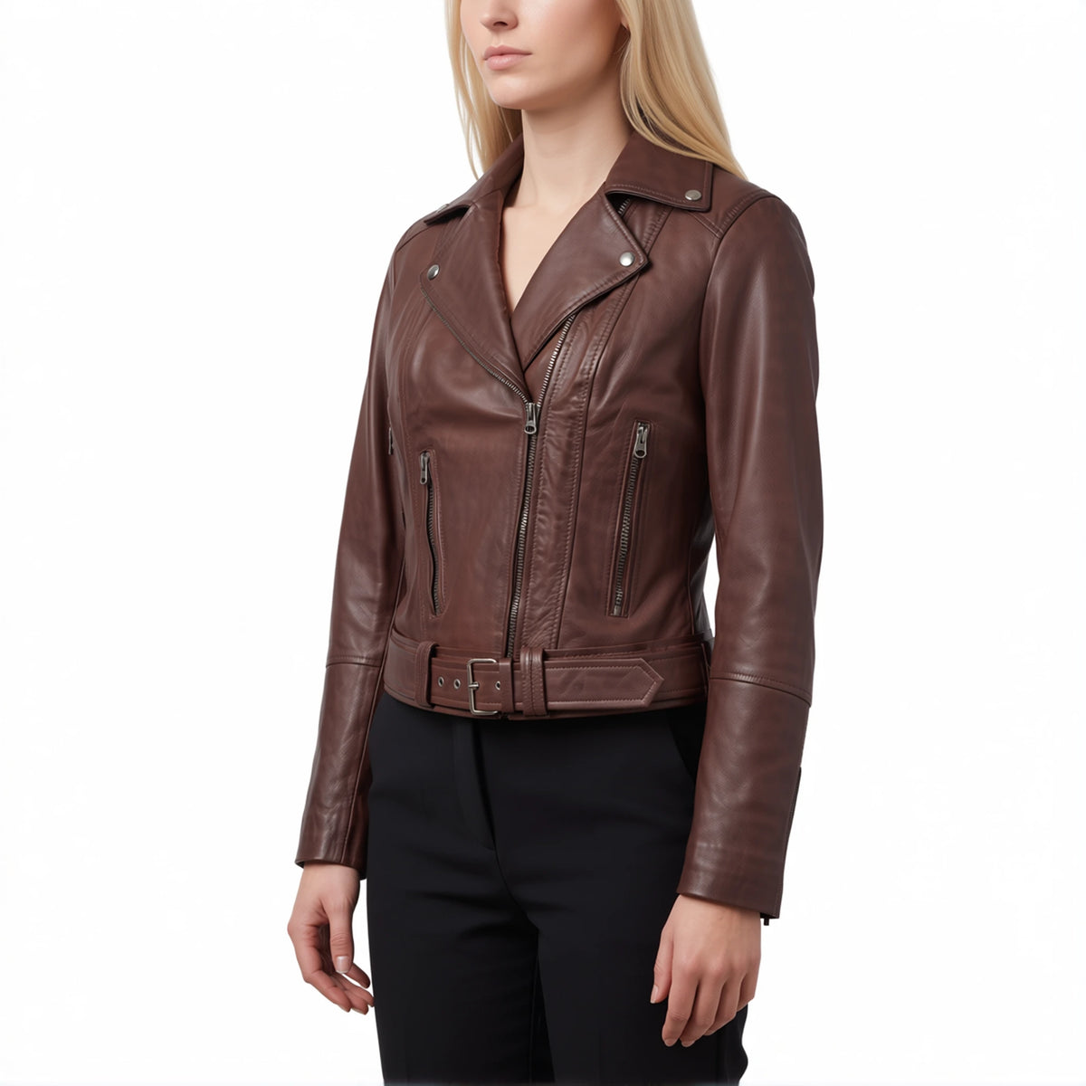 Valentina Women’s Cognac Brown Belted Leather Biker Jacket
