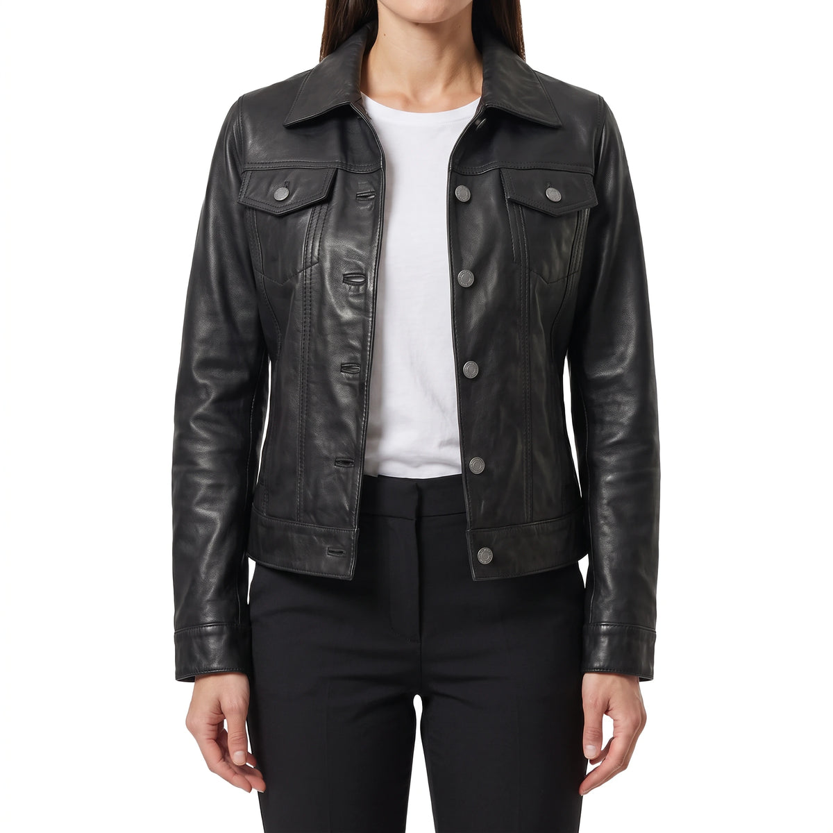Vivienne Women’s Black Leather Trucker Jacket