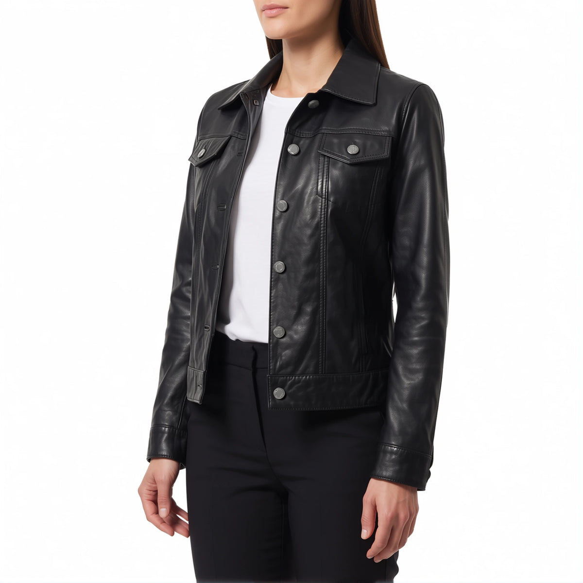 Vivienne Women’s Black Leather Trucker Jacket