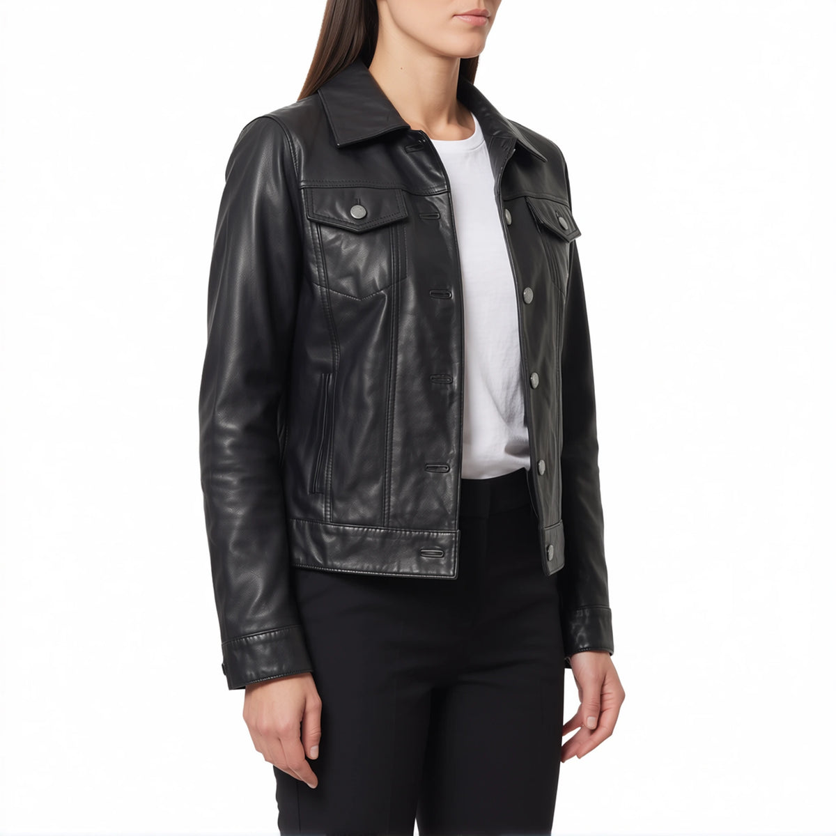 Vivienne Women’s Black Leather Trucker Jacket