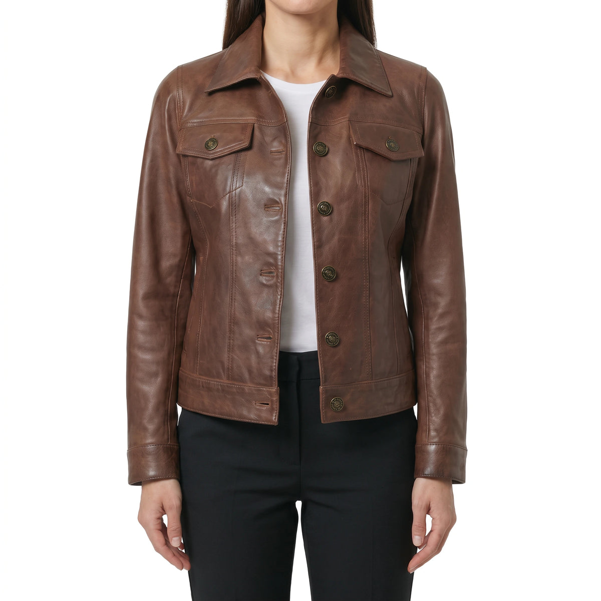 Vivienne Women’s Cognac Brown Leather Trucker Jacket