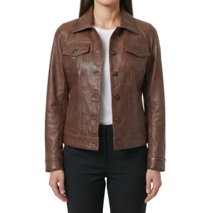 Vivienne Women’s Cognac Brown Leather Trucker Jacket