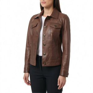 Vivienne Women’s Cognac Brown Leather Trucker Jacket
