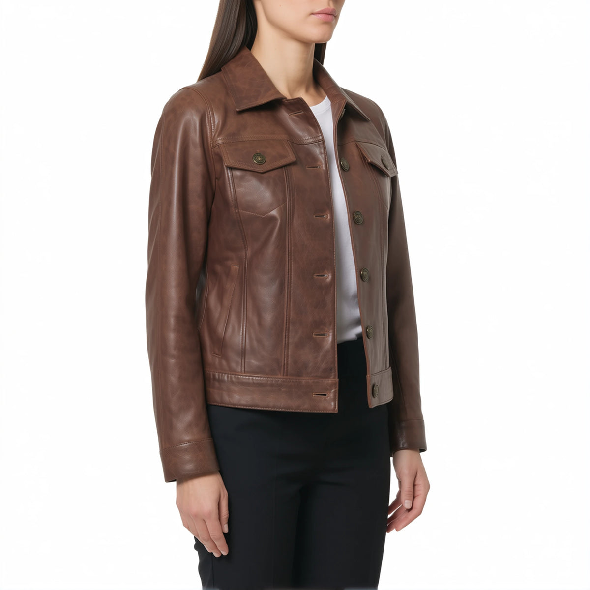 Vivienne Women’s Cognac Brown Leather Trucker Jacket