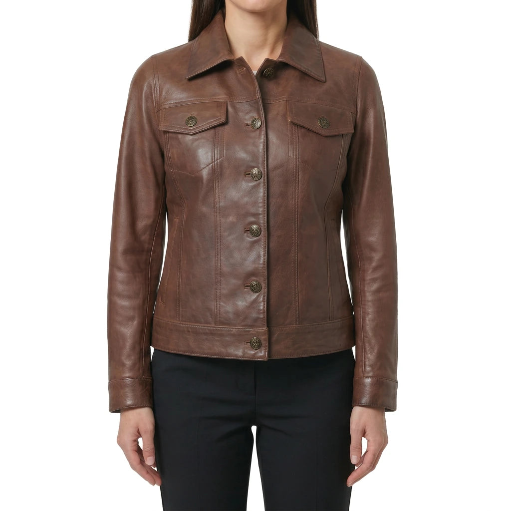 Vivienne Women’s Cognac Brown Leather Trucker Jacket