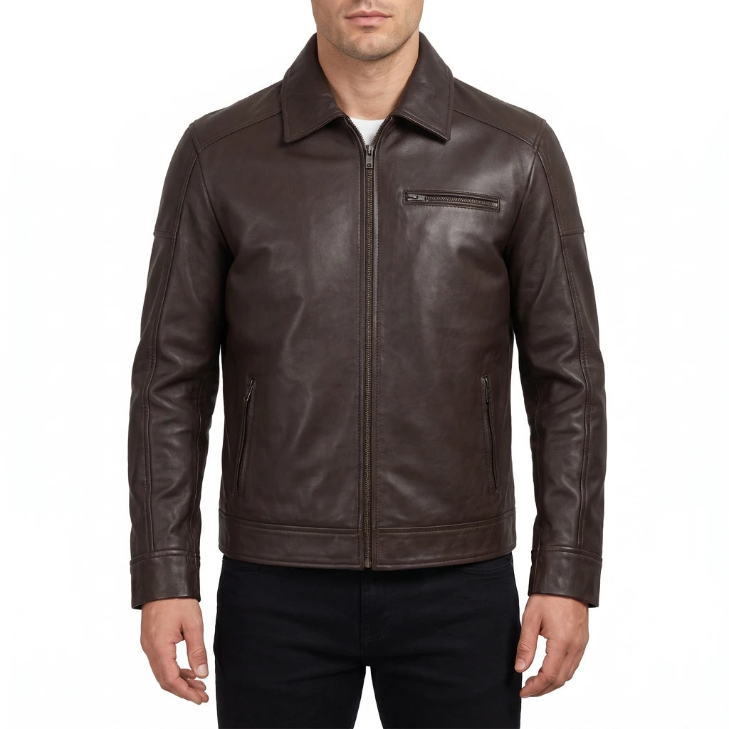 Wells Men’s Dark Brown Harrington Leather Jacket